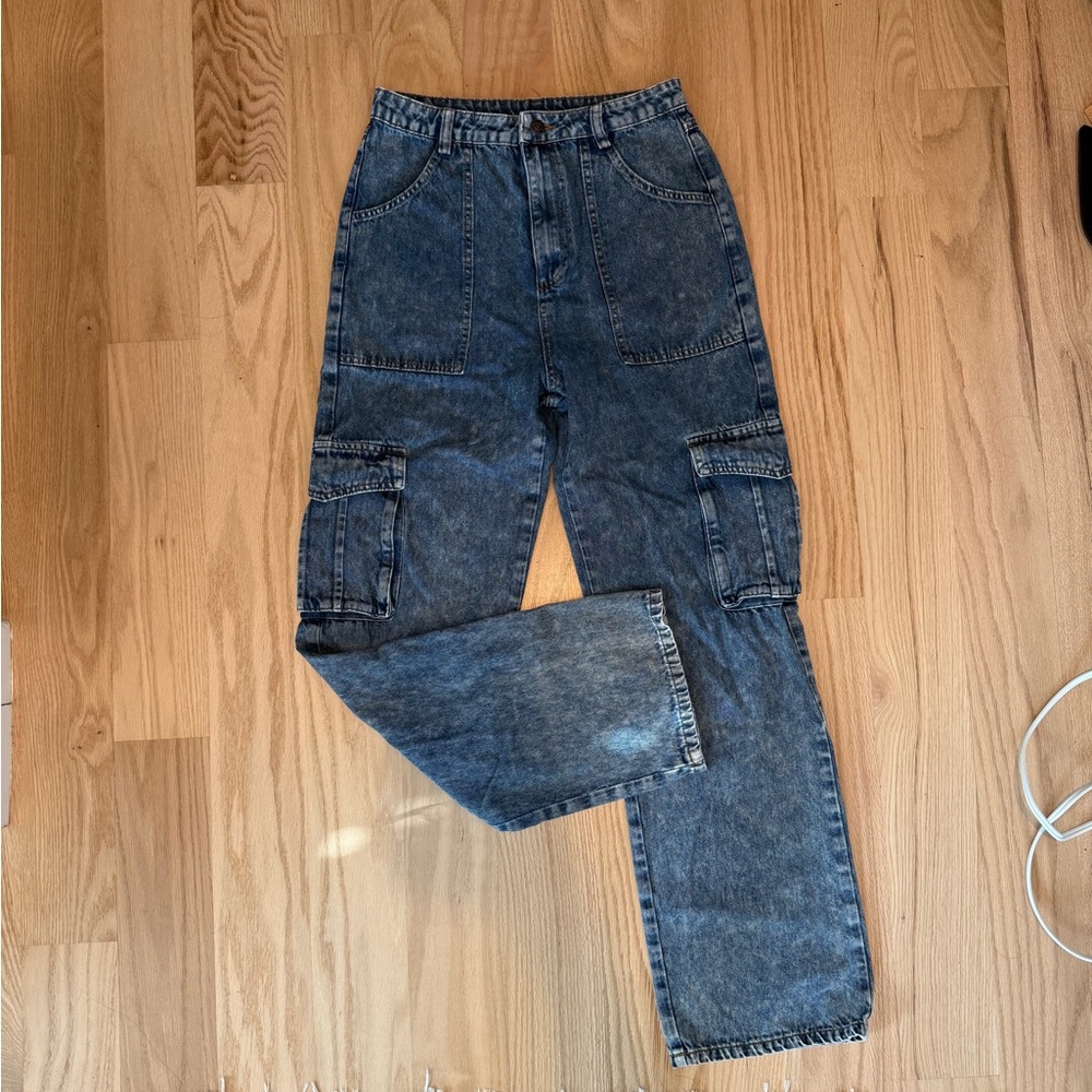 Acid Wash Blue Denim Cargo Jeans (M)